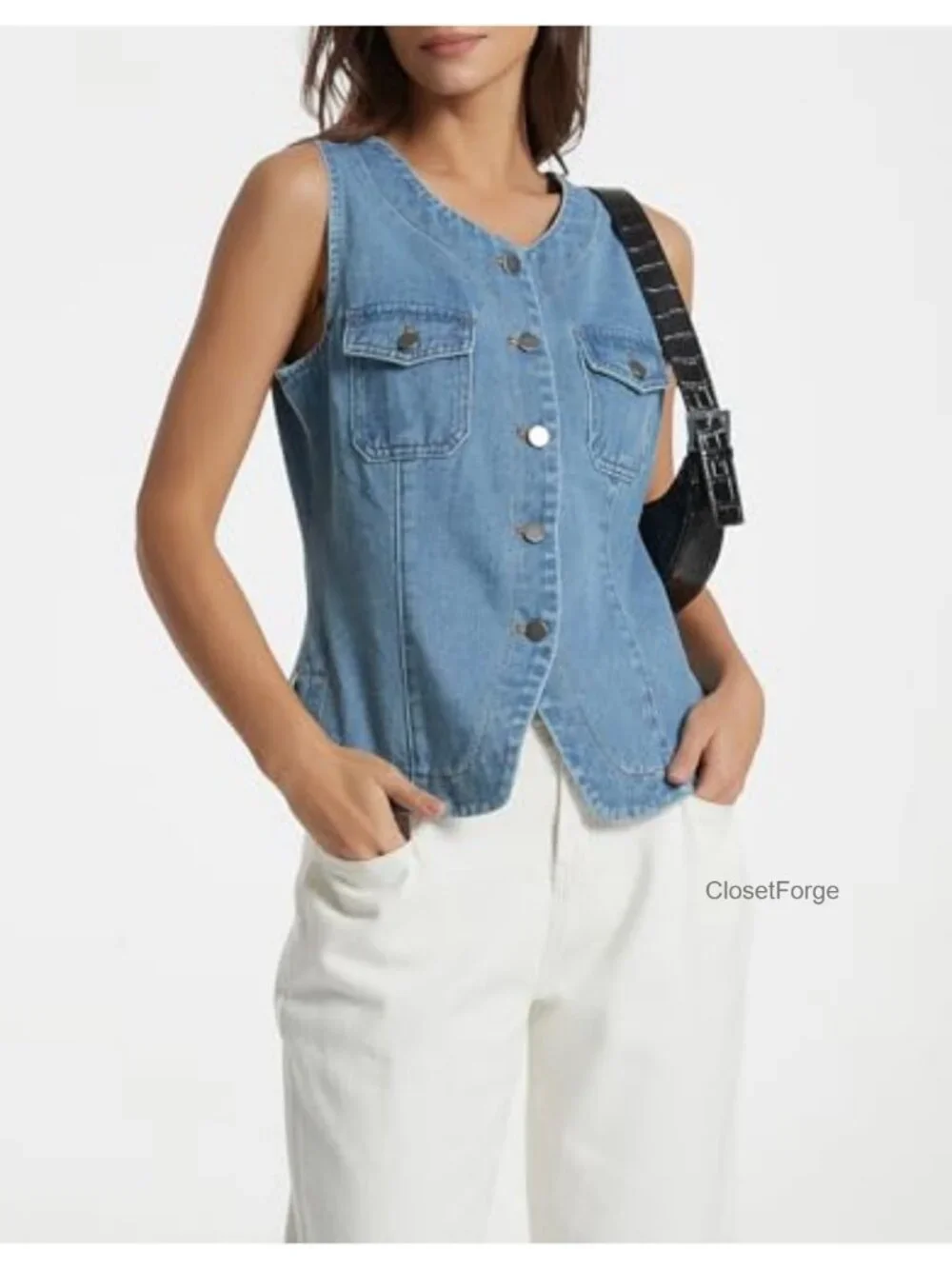 Women's Sleeveless Denim Vest Button Down Crewneck Casual Summer Western